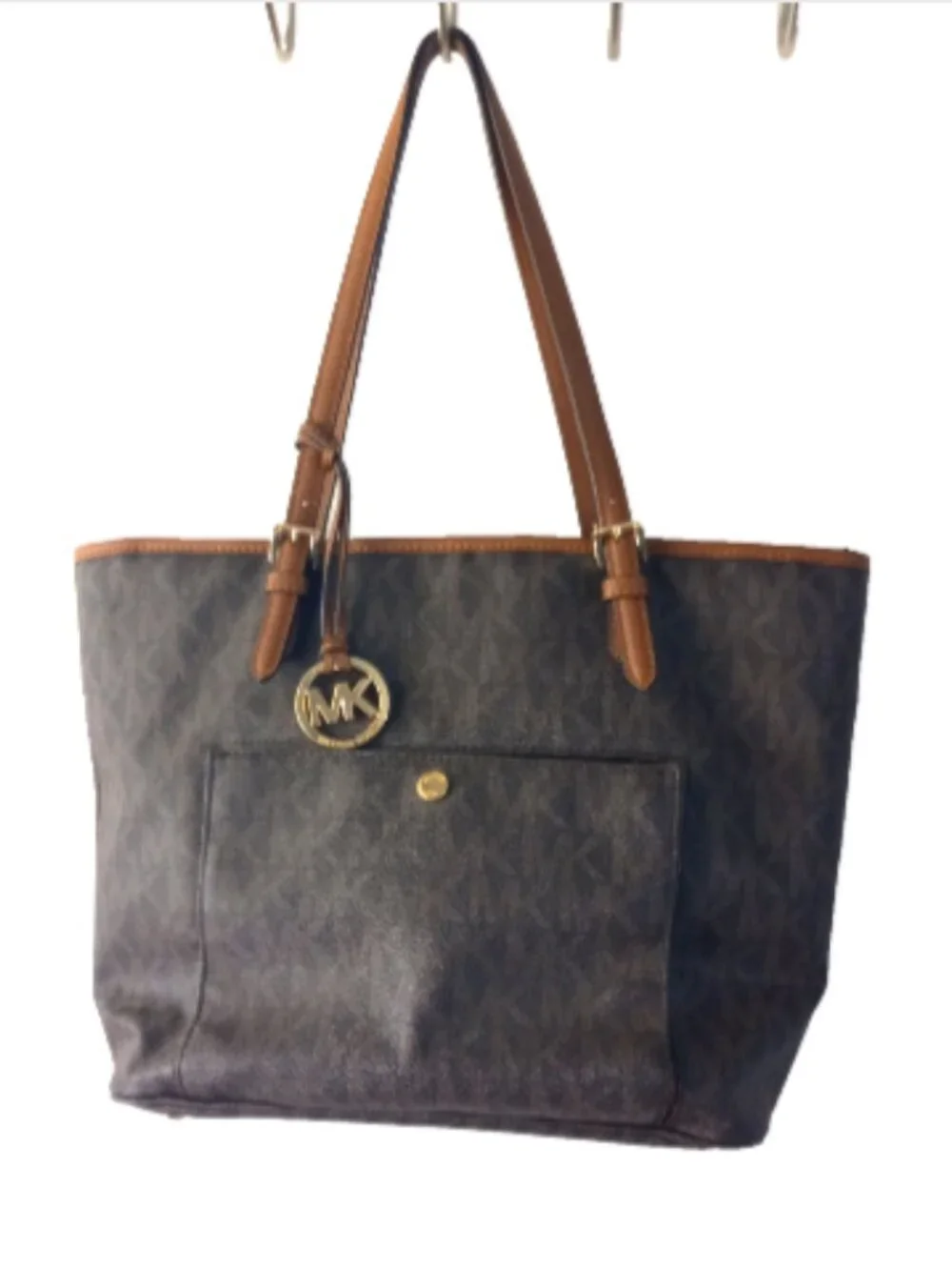 Michael Kors Large Tote Bag Brown MK Signature Logo Gold Charm Zip Top Purse